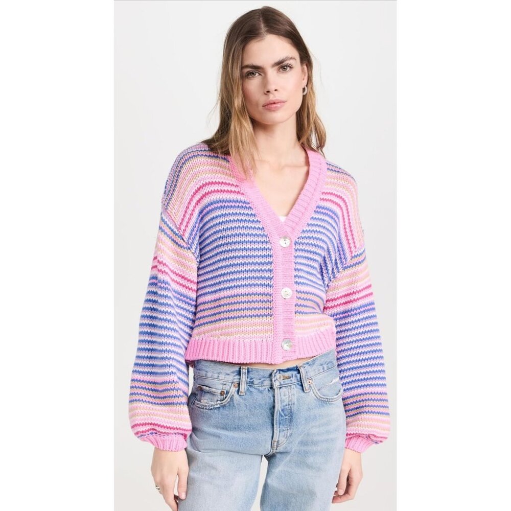 Show Me Your Mumu Pink Multi Stripe Cropped Relaxed Fit Button Up Cardigan 90s - Picture 10 of 16